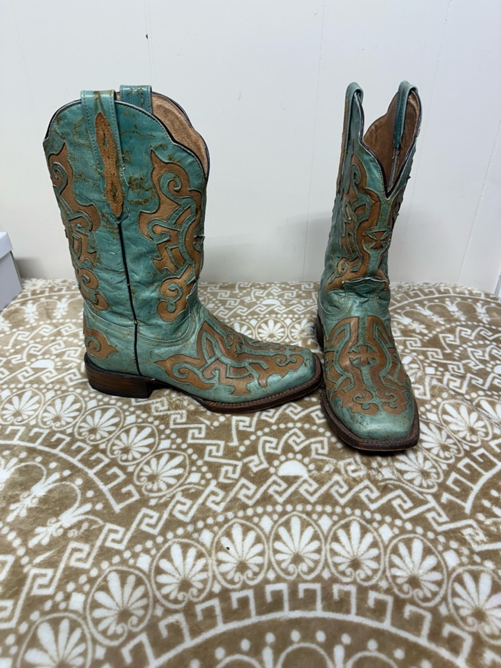 Tanner Mark Rustic Turquoise and Brown Leather Boots unisex 9.5M 11.0 W
